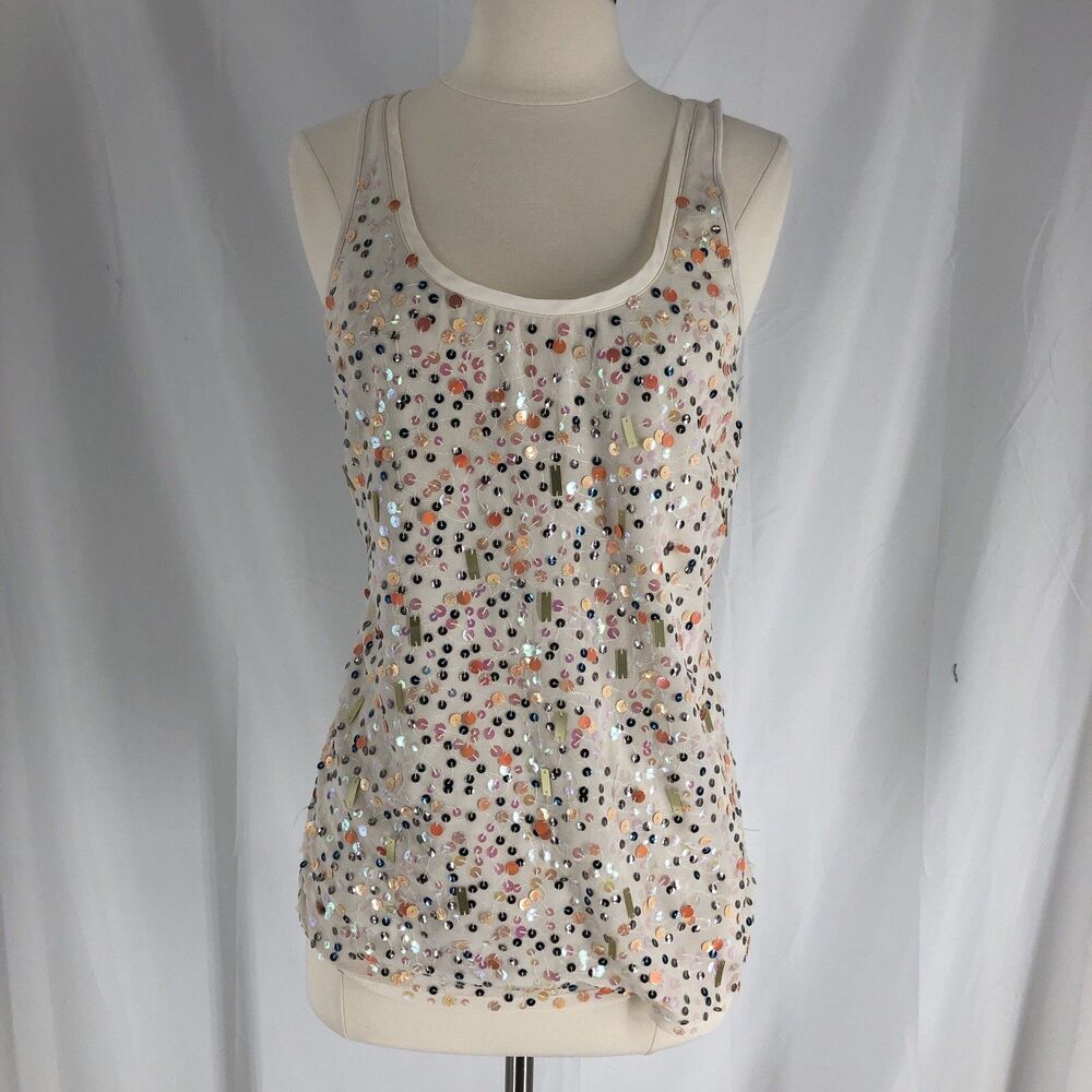 Express Womens Sequin Tank Top Beige Multi Color Embellished Scoop Neck Small